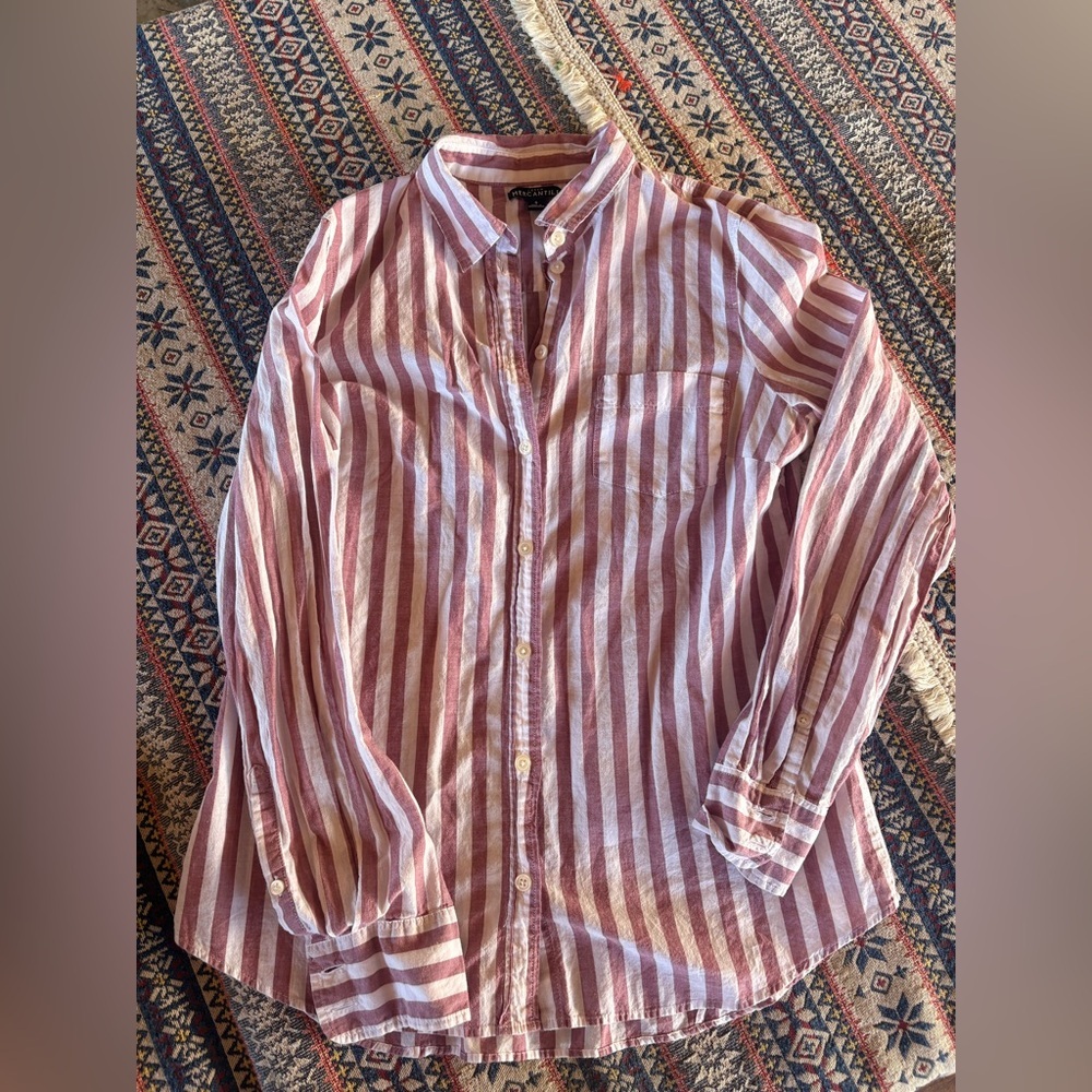 J Crew Mercantile Striped Linen Cotton Button-Up Pink Red Shirt Beach Spring S - Picture 3 of 6